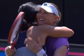 Aldila Sutjiadi and Vera Zvonareva celebrate after the win