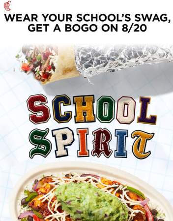 Chipotle School Spirit BOGO Deal on August 20