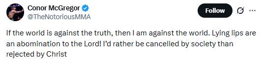 Conor McGregor Posts Message on Truth and Faith