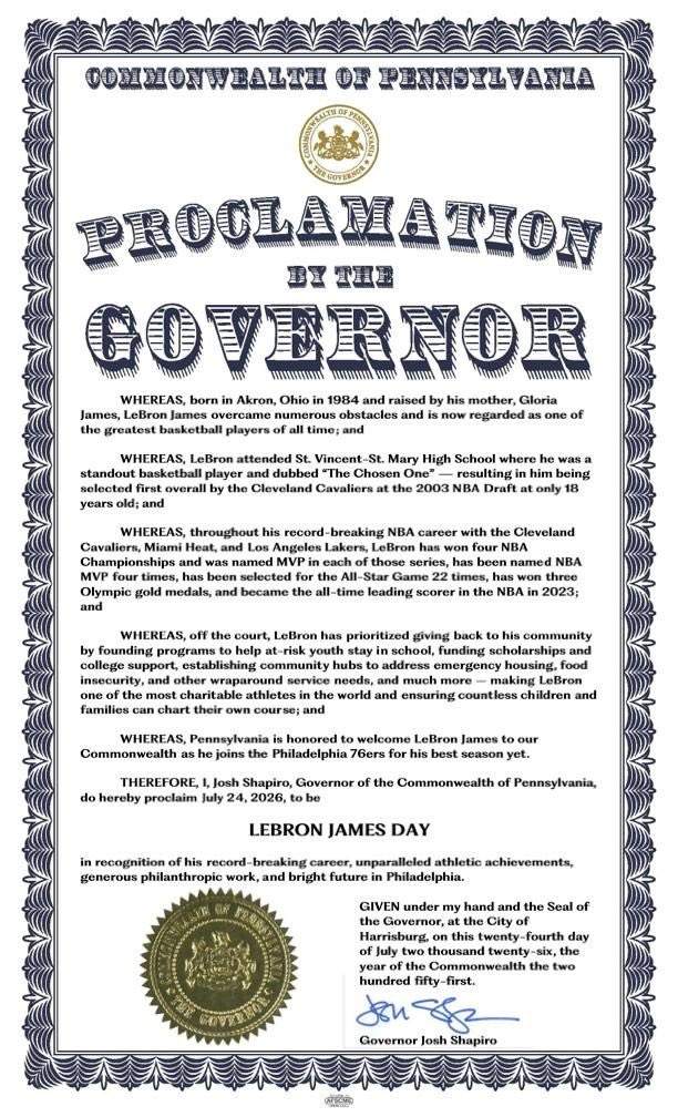 Pennsylvania Governor Josh Shapiro declare July 24 as LeBron James Day