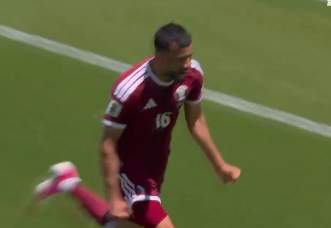 Qatar player celebrates a goal
