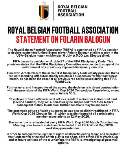 Royal Belgian Football Association statement
