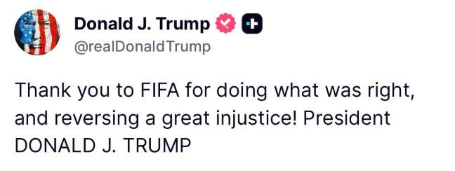 President Trump post thanking FIFA